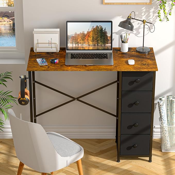 Small Computer Desk with 4 Fabric Drawers 36 Inch Reversible Writing Desk for Home Office Bedroom Modern Simple Kids Student Study Desk with Storage Compact Desk for Small Spaces Rustic Brown