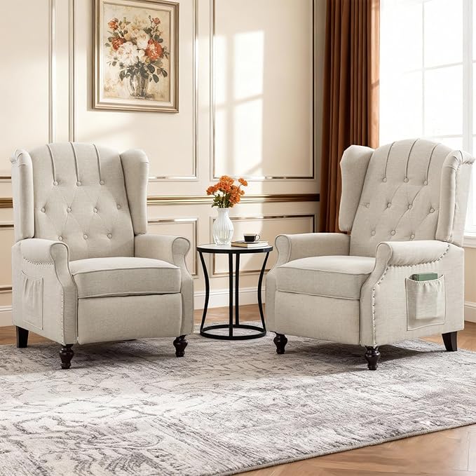 BINGTOO Push Back Recliner Chair with Massage and Heat Mid Century Tufted Fabric Wingback Chair with Rivet Decoration for Living Room Bedroom Beige 2 Chairs