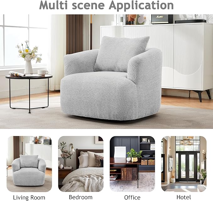 360° Swivel Chair 38.2 Accent Chair Sofa Upholstered Swivel Barrel Sofa Chair with a Throw Pillow for Living Room Bedroom Office and Hotel Light Grey