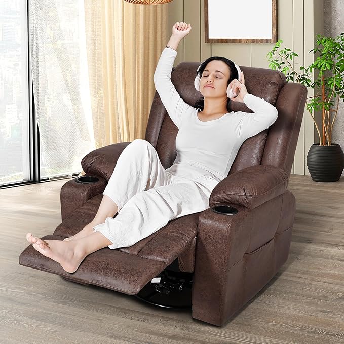 LEVELEVE Retro Rocking Recliner Chair Massage Chair with Vibration Massage and Heat USB and Type-C Ports360° Swivel ChairsLiving Room Bedroom Nursery RV Brown