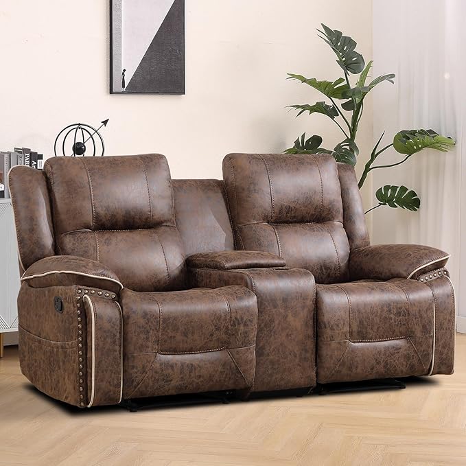EBELLO Faux Leather Manual Recliner Loveseat 2 Seater Reclining Sofa Chair with Center Console Hidden Storage and Cup Holders Vintage Rivet Mid-Century Design for Living Room Meeting Room Brown