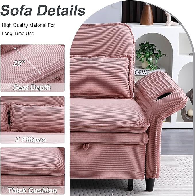 3 in 1 Convertible Sleeper Sofa Bed Loveseat Sleeper 65” Pull Out Couch Adjustable Armrest and Backrest with 2 Pillows for Living Room Bedroom (Pink)