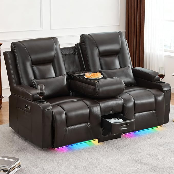 IPKIG Power Recliner Loveseat with Console Zero Wall Hugger Sofa Couch PU Leather 2-Seater Sofa with LED Lights AC Outlets USB Ports Brown | Storage Drawer Bluetooth Speaker Living Room Chair