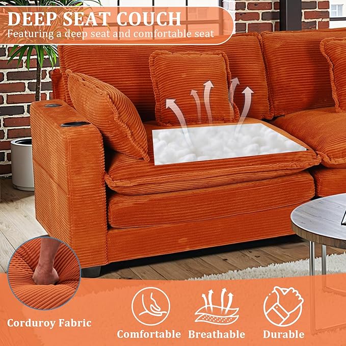 99 Modular Sectional SofaCouches for Living RoomModern Modular L-Shape Sofa with Ottoman &amp Side Pocket Cloud Sectional CouchCorduroy Oversized Sleeper Sofa with USB Port &amp Cup Holder (Oran
