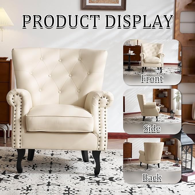 Modern Accent Chair Set of 2 PU Leather Armchair with Solid Wood Legs Sofa Chair for Living Room Bedroom Leisure Room Reading Room(Ivory White)