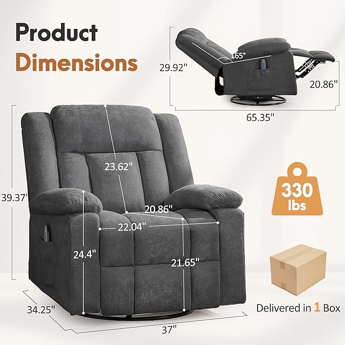 Rocker Recliner Chair for Adults 360° Swivel Rocker Recliner with Massage and Heating Nursery Rocking Chairs with Side Pockets Manual Reclining Chair for Living Room Bedroom or Nursery