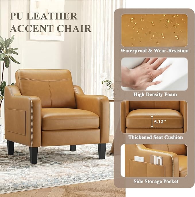 PU Leather Accent Chair Set of 2 Mid-Century Modern Living Room Armchair Sofa with Removable Cushions Solid Wood Frame &amp Stitched Armrest Design Bedroom Chair with Plastic Legs Brown