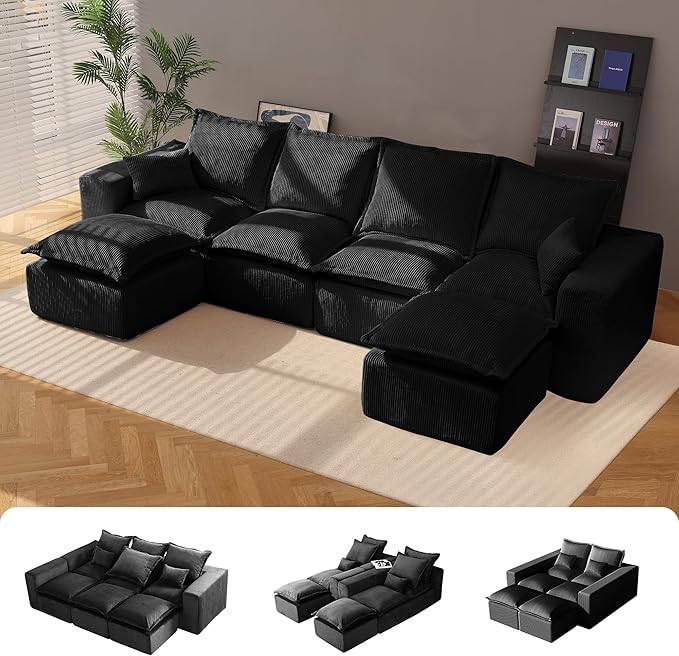 137 Boneless Comfortable Couch with Chaise U Shaped Modular Sectional Couches for Living Room Black Corduroy Sofas with Ottoman Compressed Sofa in a Box No Assembly Required