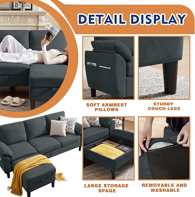 80 Convertible Sectional Sofa Set Modern Linen Small L Shaped Couch with Reversible Chaise and Loveseat Sofa 3-Seat Sofa Couches for Living Room Office Apartment Dark Grey