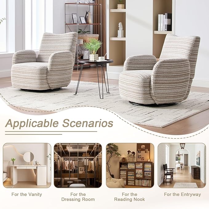 360° Swivel Accent Chair with Armrest Modern Striped Upholstered Lounge Chair Stable Round Base &amp Sturdy Metal Frame Armchair for Bedroom Living Room Office &amp Vanity (Khaki)