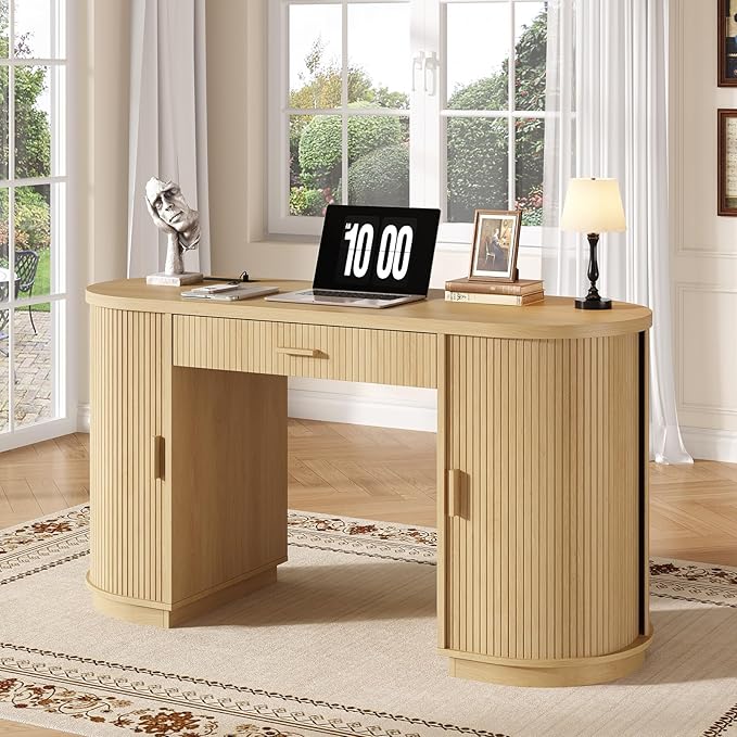 ONBRILL 58 Inch Fluted Executive Desk with Drawers Large Computer Desks with Storage Mid Century Modern Office Desk with Charging Station for Home Office Living Room Bedroom (Oak)