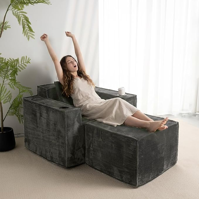 Cloud Single SofaComfy Lounge Chair with Elevated Seat Height Cup Holder &amp Side PocketNo Assembly Required Foam Couch for Small Space Bedroom Office Apartment (Grey with Ottoman)