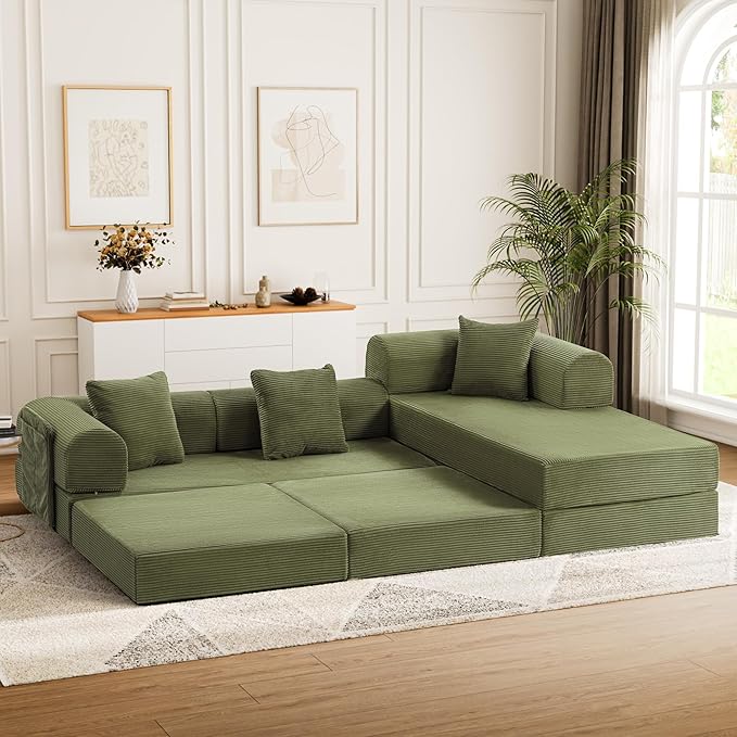 106.3 Oversized Convertible Sleeper Sofa Bed L Shape Modular Sectional Cloud Sofa with Fixed-Shape Frame Boneless Couch with Storage Pocket for Living Room No Assembly Required Green