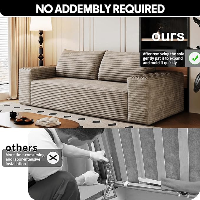 71 Cloud Loveseat Sofa Modern Corduroy Boneless Couch with Deep Seat Memory Foam Comfy 3 Seater Foam Floor Couches for Living Room Bedroom Apartment No Assembly Required (Camel 71+3 Seaters)