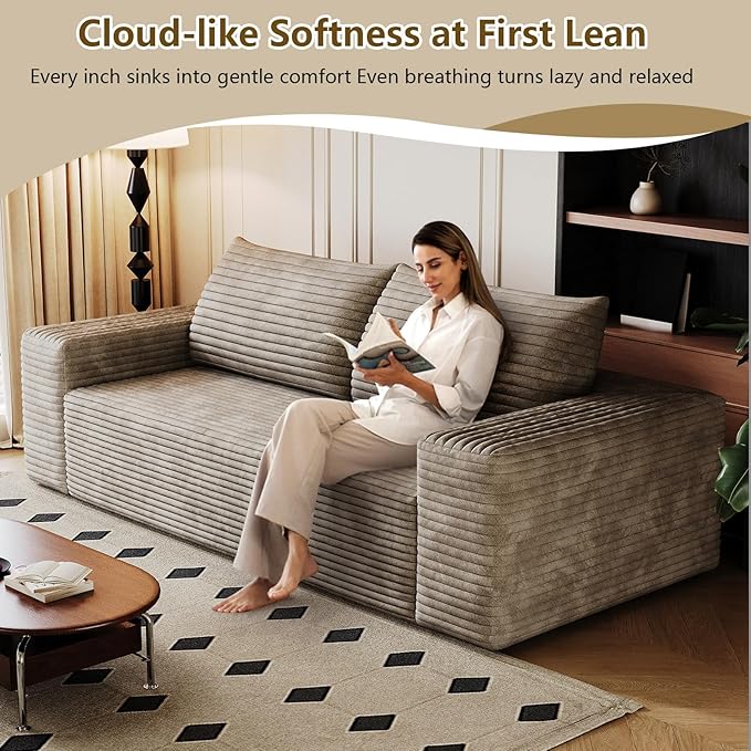 63 Boneless Loveseat Sofa - Cloud Couch with Memory Foam Comfy Deep Seat - Corduroy Floor Sofa No Assembly Required - Small Space Friendly for Living Room Bedroom Apartment Camel
