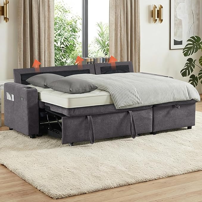 82 L Shaped Sleeper Sofa Bed: Sectional Sleeper Couch with Pull Out Bed Storage Chaise USB Charging &amp Cup Holder 3 Seat Sectional Sofa Bed with Throw Pillow (Terry Cloth - Grey)