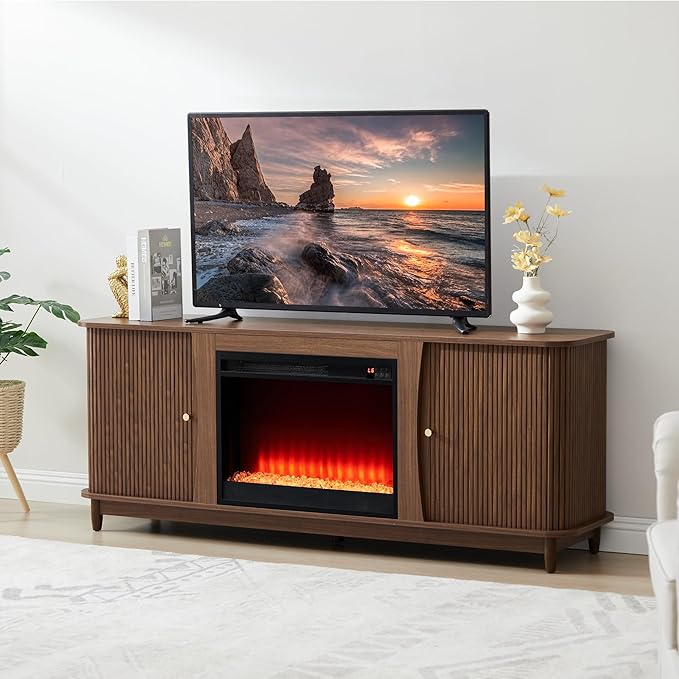 Fireplace TV Stand Fluted TV Stand with Storage and Sliding Door Farmhouse Entertainment Center Media Console Table for Living Room (Walnut)
