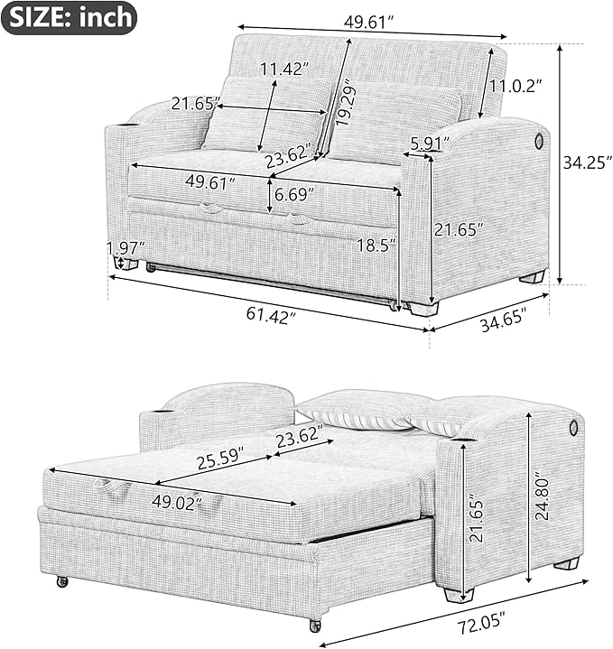 Merax 61.6 Pull Out Sleeper Sofa Bed Modern Chenille Convertible Loveseat Sofa with Adjsutable Backrest 2 Pillows Cup Holders USB Ports for Living Room Apartment White+Gray