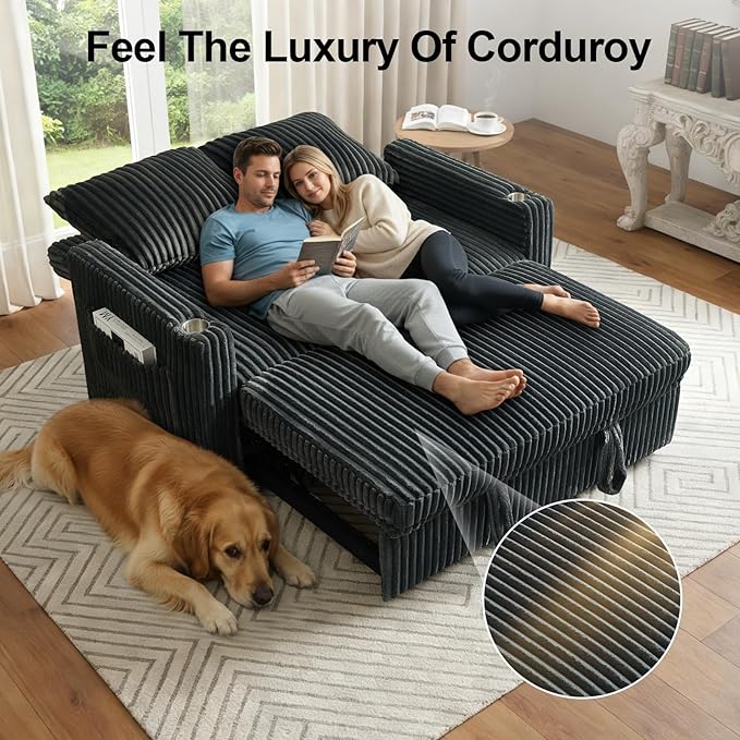 3 in 1 Convertible Sleeper Sofa Bed 53'' Pull Out Couch with Adjustment Backrest Corduroy Loveseat with Side Pockets USB Port for Living Room Bedroom Apartment Gray