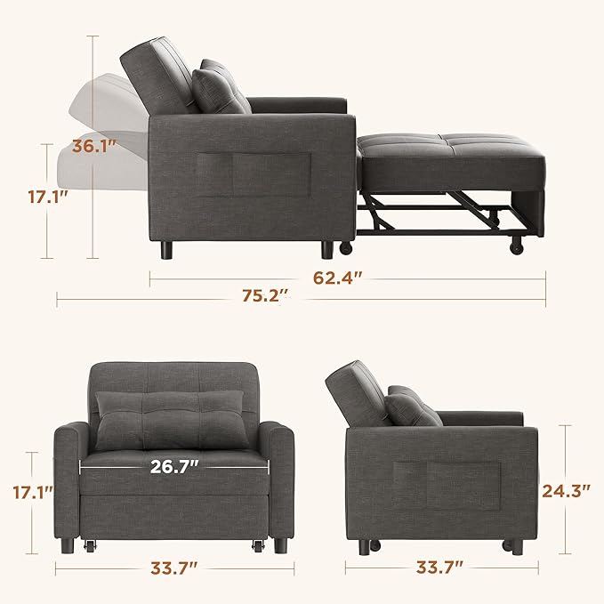 Aiho 34-Inch Sleeper Chair Bed 3-in-1 Convertible Sofa Bed with Adjustable Backrest for Living Room or Apartment (Dark Gray)