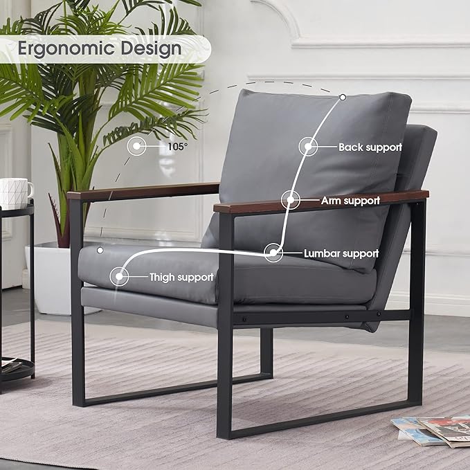 MCombo Modern Accent Chairs Faux Leather Upholstered Living Room Armchairs Waiting Room Guest Chair for Bedroom Office HQ304 (1 Grey)