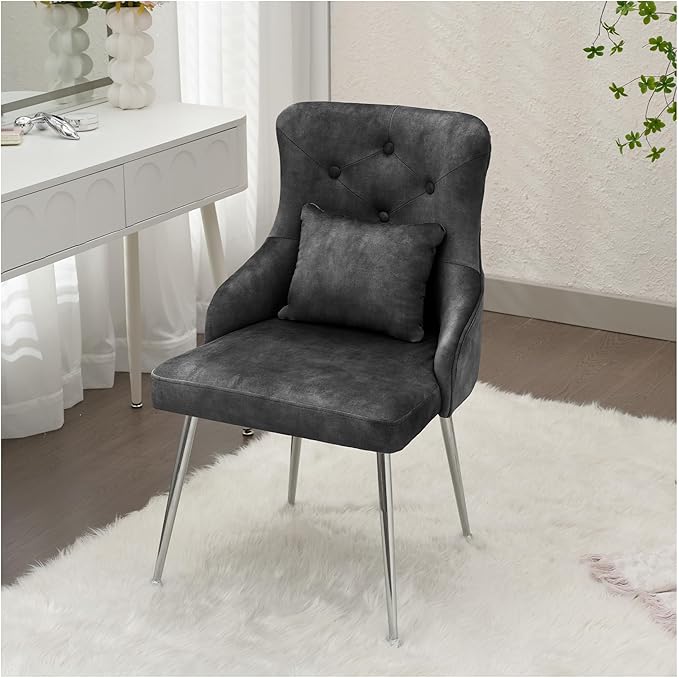 Velvet Vanity Chairs Upholstered Makeup Accent Reading Chair Office Desk Vanity Stool Chairs with Metal Legs for Kitchen Bedroom Living Room Dark Grey