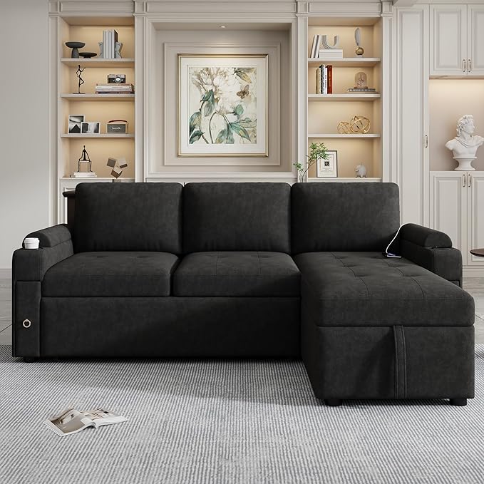 Versatile L-Shaped Sofa Couch Convertible Sofa Bed Chenille Fabric Sectional Sofa with Reversible Chaise Lounge Storage Space 2 Cup Holders and Two USB Ports for Living Room (Black-2C)