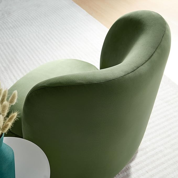 Modway Monroe Performance Velvet Accent Chair in Moss Green Walnut - Upholstered Stain-Resistant Barrel Chair - Comfy Lounge Chair - Oversized Round Armless Reading Chair for Living Room