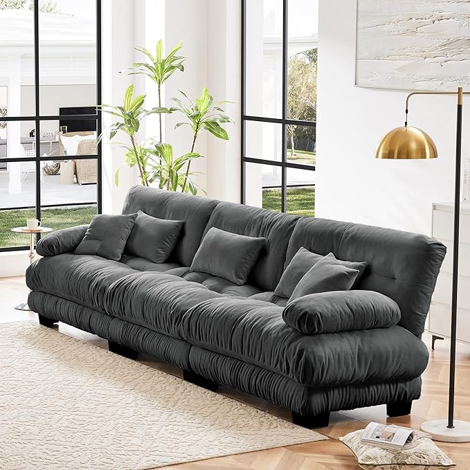 Modular Sectional Sofa 133.8 Comfy Chenille Cloud Couch 3 Seater Sectional Home Sofa Living Room Modern Deep Seat Oversized Couch with Square Armrests and 5 Pillows Grey