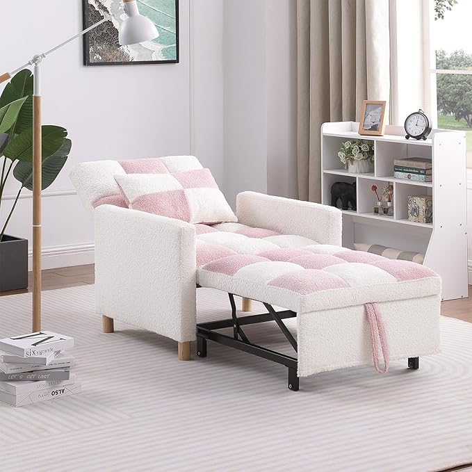 Convertible Sleeper Chair 3-in-1 Sleeper Chair Pull-Out Futon Bed for Small Space Soft Teddy Fabric Sturdy Metal Frame Pink