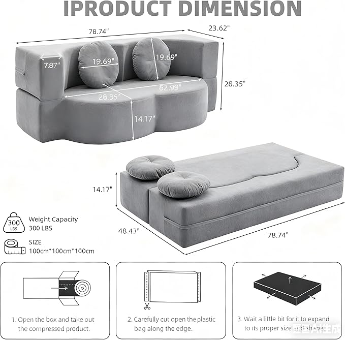 2-in-1 Full Size Convertible Floor Sleeper Couch Sofa Bed78”Folding Boneless Large Futon Loveseat Sofa with 2 Pillows Foam-Filled Compression Guest Couches Bed for Living Room (Light Blue)