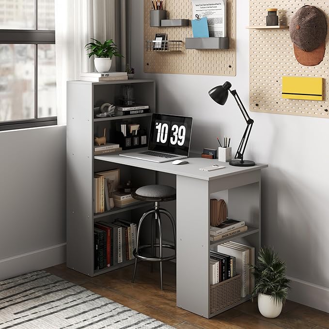HOMCOM Modern Home Office Desk with 6-Tier Storage Shelves 47 Writing Desk with Bookshelf Gray