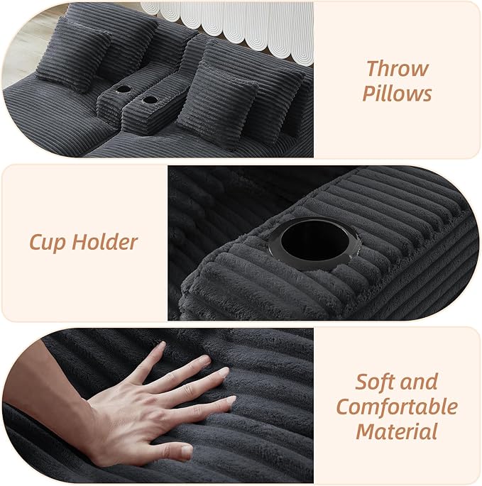 Oversized Double Chaise Lounge Chair Indoor Fluffy Upholstered Corduroy Sofa Bed with Throw Pillows Comfy Sleeper Deep Seat Sectional Loveseat Sofa Couch for Living Room (Dark Gray)
