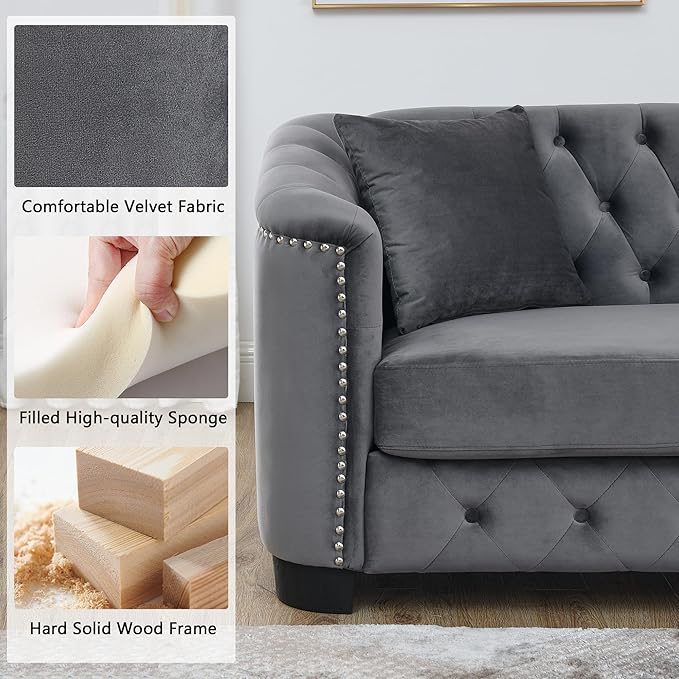 mikibama Luxury 2 Piece Chesterfield Velvet Sofa Set for Living Room Modern Decor Furniture Sectional Sofa 3 Seater &amp Loveseat Upholstered Tufted Couch for Apartment Office Hall(Grey)
