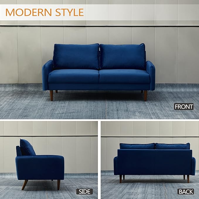 INSTORY Velvet Sofa Mid-Century Modern Couch with Wooden Legs for Living Room - Space Blue