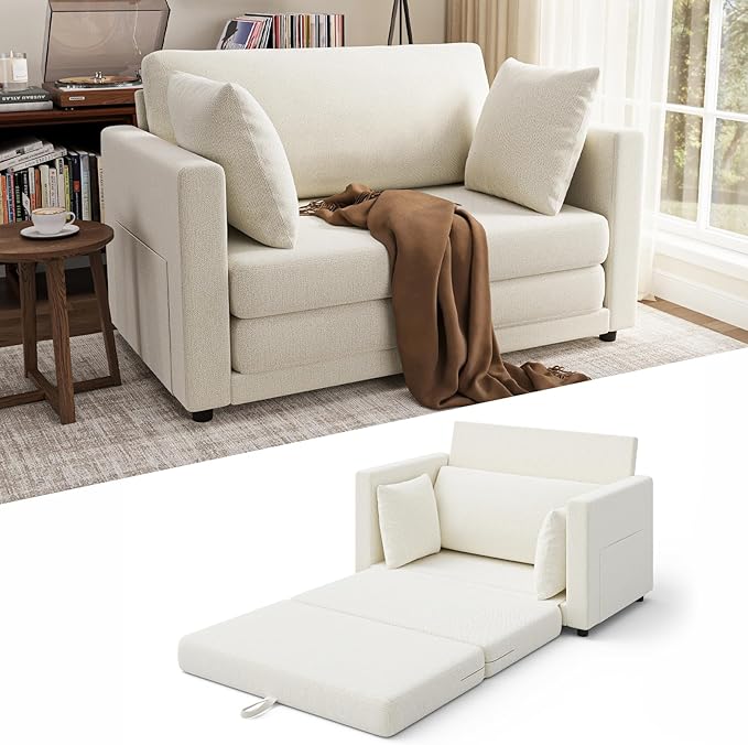 Convertible Sofa Bed 2 in 1 Pull Out Loveseat Sleeper Sofa | 78.7” Folding Floor Sofa Bed for Guest Room Bedroom | Ivory White