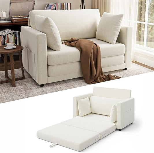 Convertible Sofa Bed 2 in 1 Pull Out Loveseat Sleeper Sofa | 78.7” Folding Floor Sofa Bed for Guest Room Bedroom | Ivory White