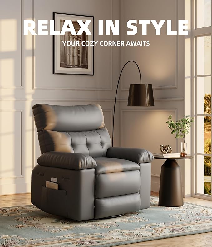 Oversized Swivel Recliner Chair for Adults 400LB Capacity Manual Recliner with 1.5X Plush Cushion 3-Position PU Leather Lounge &amp Nursery Recliner for Living Room &amp Bedroom
