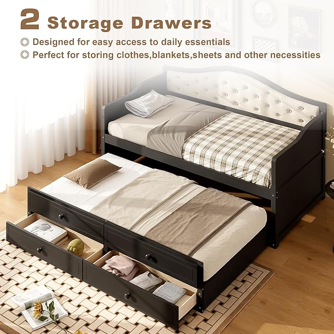 Twin Daybed with Trundle Twin Size Daybed with 2 Storage Drawers Wooden Sofa Bed with Upholstered Button Tufted Backrest for Living Room Bedroom Guest RoomBlack