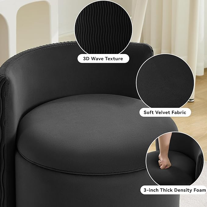 360° Swivel Velvet Vanity Chair with Storage Barrel Makeup Chair with Wave Back No Assembly Vanity Stool Small Accent Chair for Living Room Black