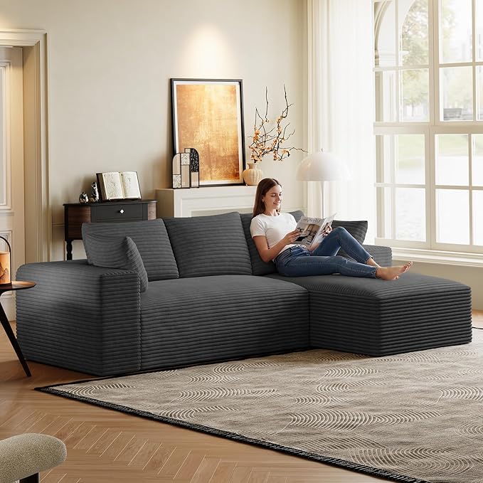 Modular Sectional Sofa Cloud Couch107 Comfy L Shaped Sectional Couches for Living RoomModern Deep Seat Cozy Fluffy Corduroy Boneless Couch Sectionals Sofa with Chaise(Right FacingDark Grey)