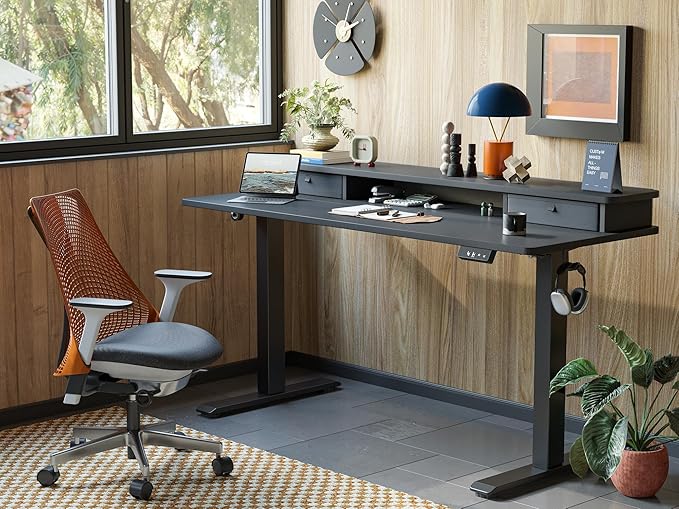 TIQLAB Standing Desk with Two Drawers Stand Up Standing Desk Adjustable Height Electric Sit Stand Table with Storage Shelf and Splice Board 63 * 24 inch Black