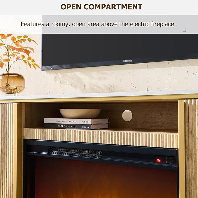 OKD Luxury 70 Fluted Fireplace TV Stand Modern Chic Entertainment Center for TVs Up to 80 inches TV Console with Faux Marble Top Curved Profile Design Media Console for Living Room Natural Oak