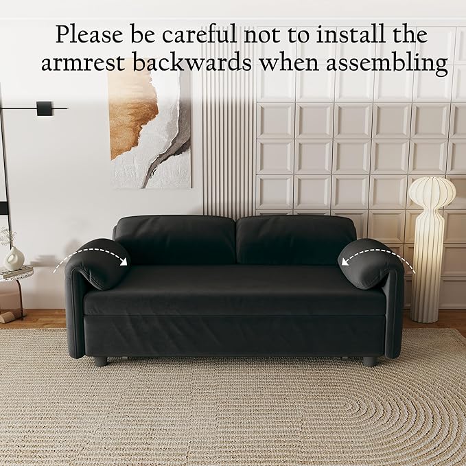 KEIKI 3 in 1 Full Velvet Convertible Pull Out Sofa Bed Adjustable Backrest &amp Side Pockets Modern Sleeper Recliner Couch for Living Room Black
