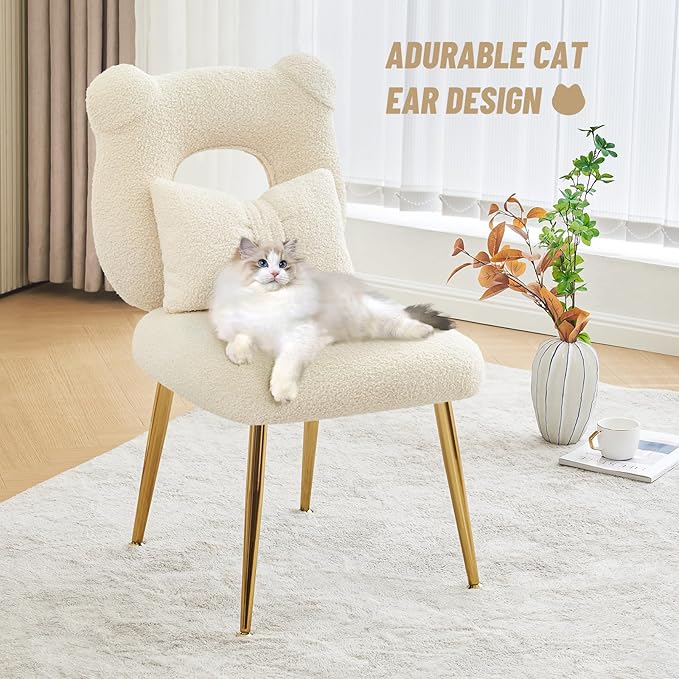 Furniliving Armless Upholstered Chair for Makeup Vanity Cute Sherpa Accent Chair for Living Room Bedroom Dressing Room Vanity Stool Chair with Back Gold Legs IvoryWhite