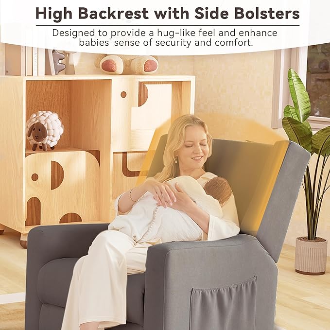 Tbfit 360° Swivel Recliner ChairNursery Rocking Chair with Lumbar Support for Bedroom Comfy Upholstered Armchair with Pillows &amp Footrest for Living Room (Hidden Ring Handle Brown)