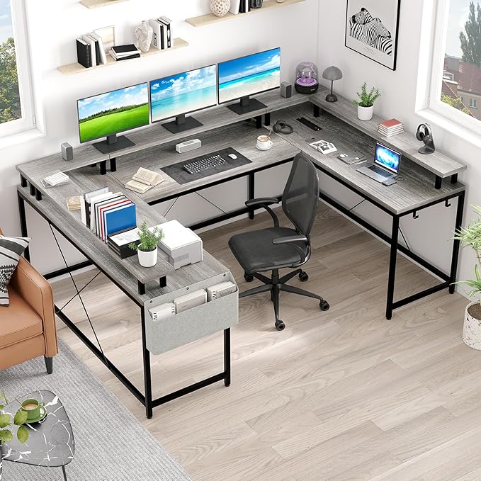 Garvee 79 Inch u Shaped Computer DeskLarge Gaming Desk with Power Outlets &amp LED LightsReversible l Shaped Desk for Home Office Work and GamingGray
