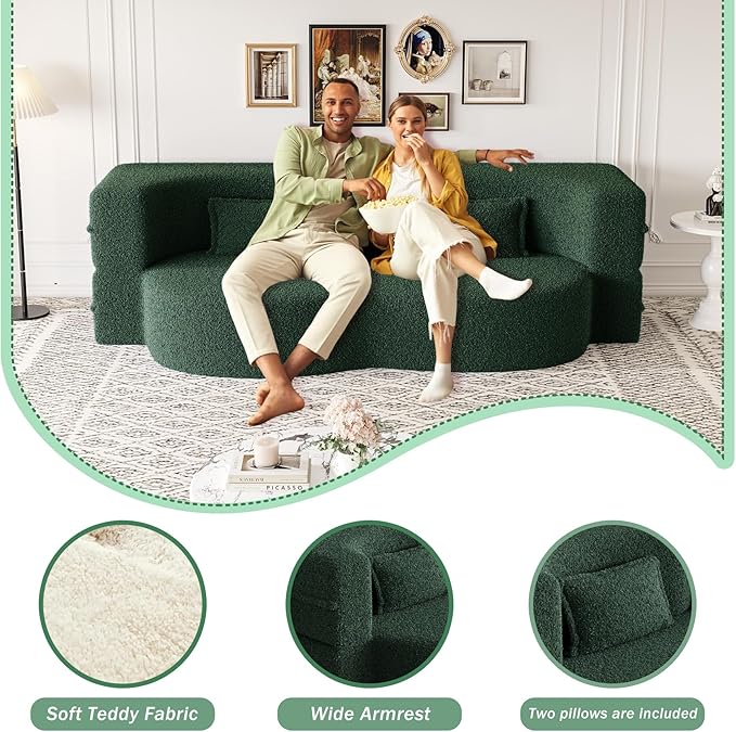78 Teddy Folding Floor Sofa Couch BedConvertible Folding Sofa Bed Full Size Love Seat Sleeper Bed with 2 Pillows for Living Room Apartment Office (Green)