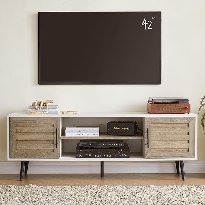 EDYO LIVING Mid Century Modern TV Stand for 65 TV Wood TV Stand with Storage Cabinet and Open Shelf Entertainment Center TV Console Table for Living Room White Walnut