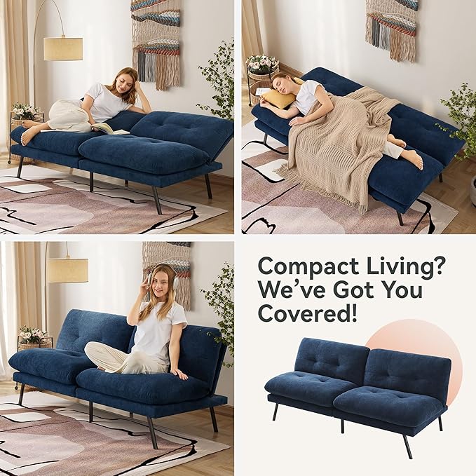 71 Convertible Futon Sofa Bed Blue Futon Couch with Adjustable Backrest Folding Small Recliner Sleeper Sofa Bed for Living Room Apartment Office